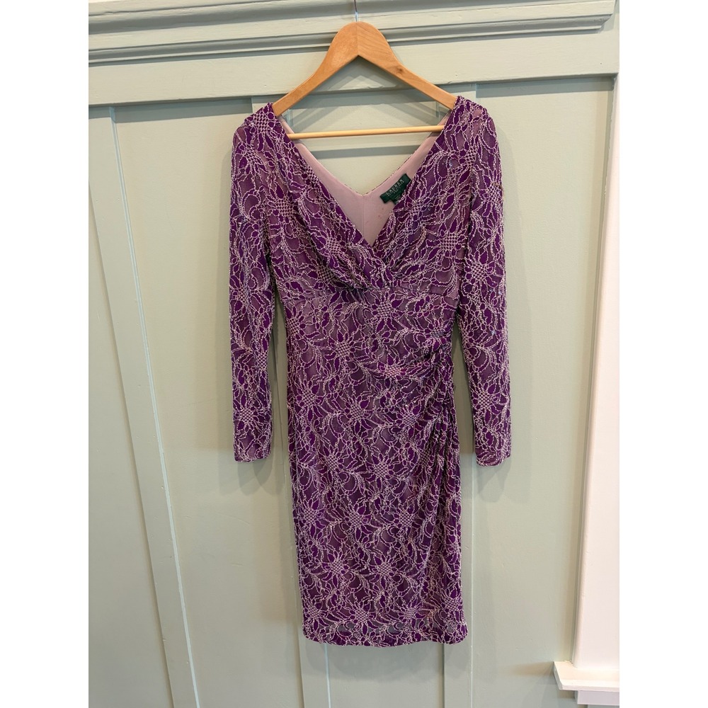 Lauren Ralph Lauren Purple Sequin Lace Ruched V-Neck Cocktail Dress 6